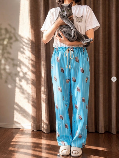 東京の工房の専任デザイナーが写真からデザインした ロシアンブルー みー子ちゃんの［限定販売］ストライプパンツ ご自分へのご褒美制作事例