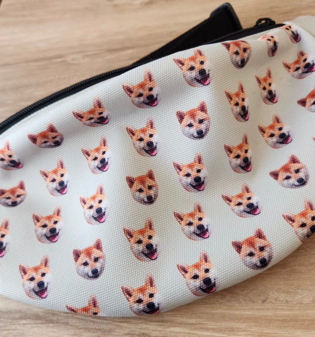 旧色アイボリーのウエストポーチに並ぶ柴犬のすみれちゃんのお顔